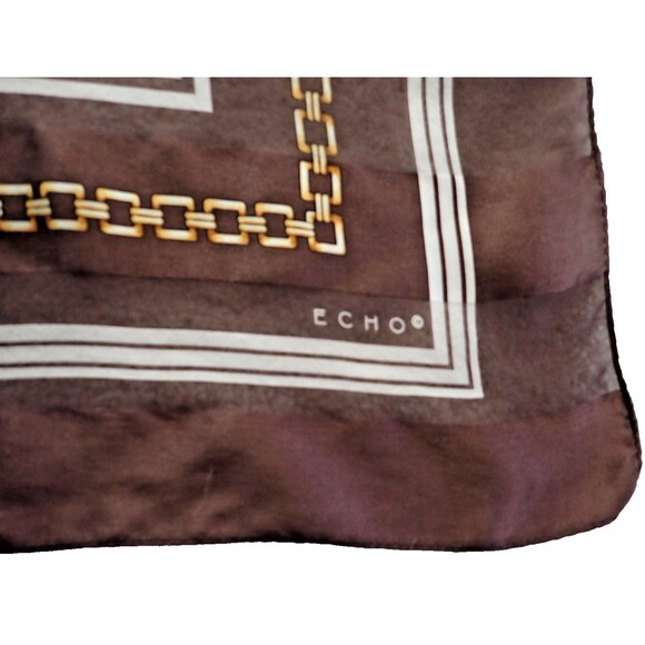 Echo Silk Scarf Brown Gold Chain White Stripe MCM Pattern 35" x 33" Mid Century - Picture 6 of 7